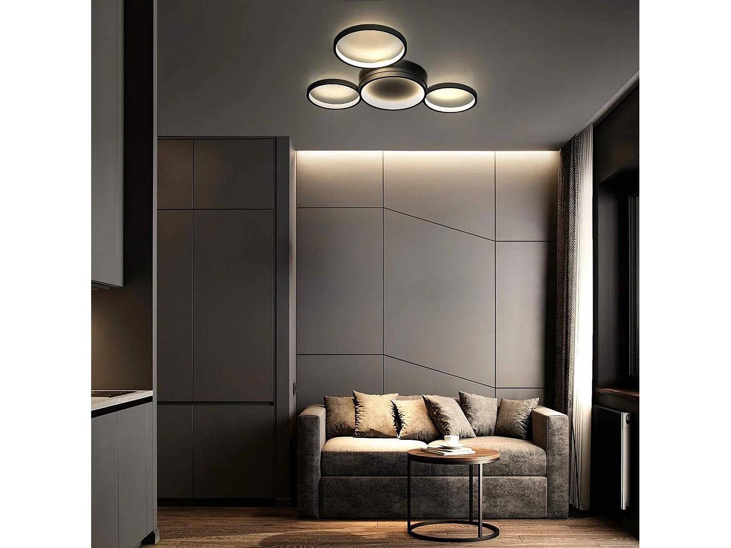 NETTLIFE Czarna lampa sufitowa LED ściemniana z pilotem Nowoczesny design 4 pierścienie 52 W do wnętrz aluminiowych jadalnia pokój dziecięcy