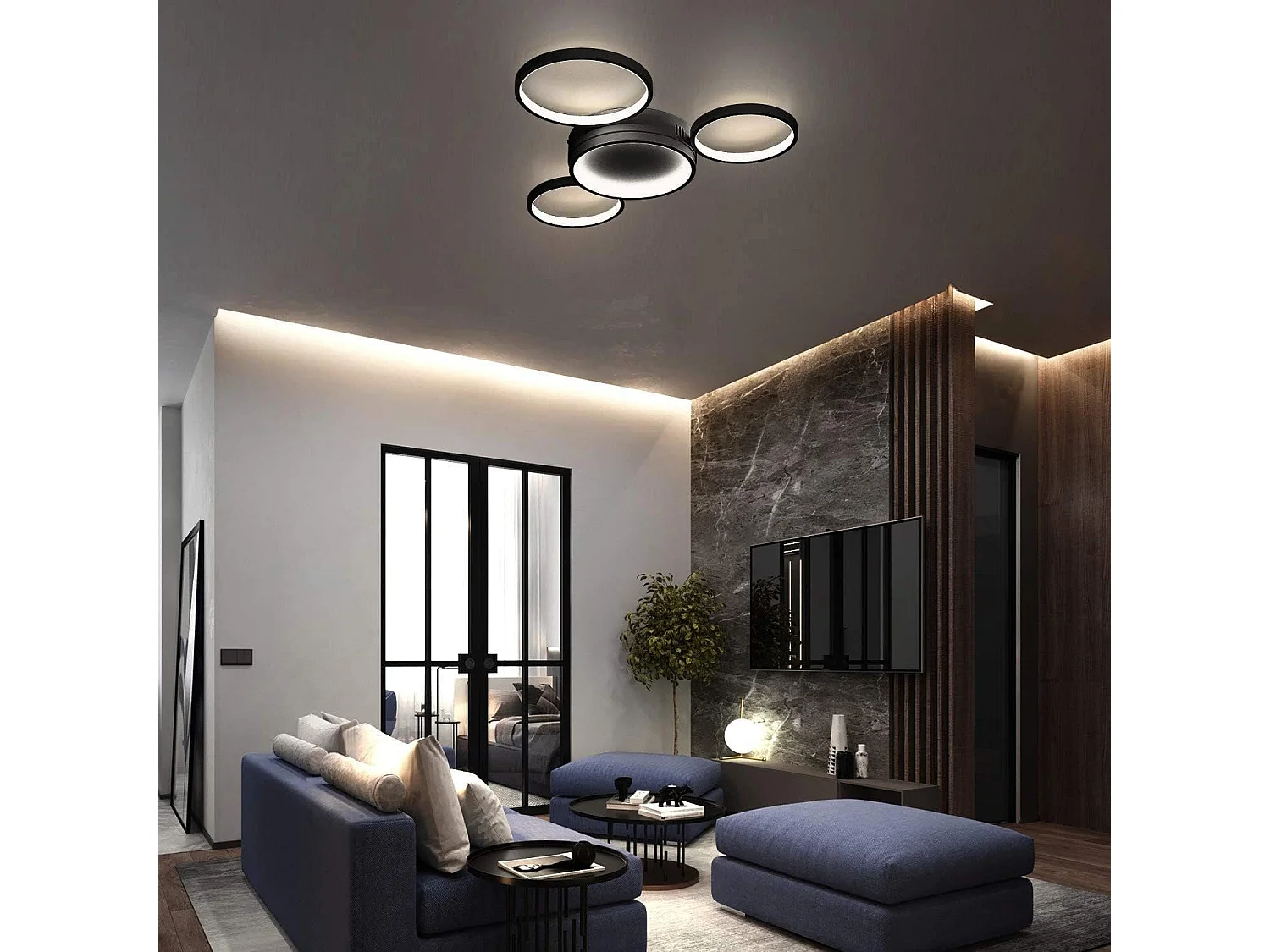 NETTLIFE Czarna lampa sufitowa LED ściemniana z pilotem Nowoczesny design 4 pierścienie 52 W do wnętrz aluminiowych jadalnia pokój dziecięcy