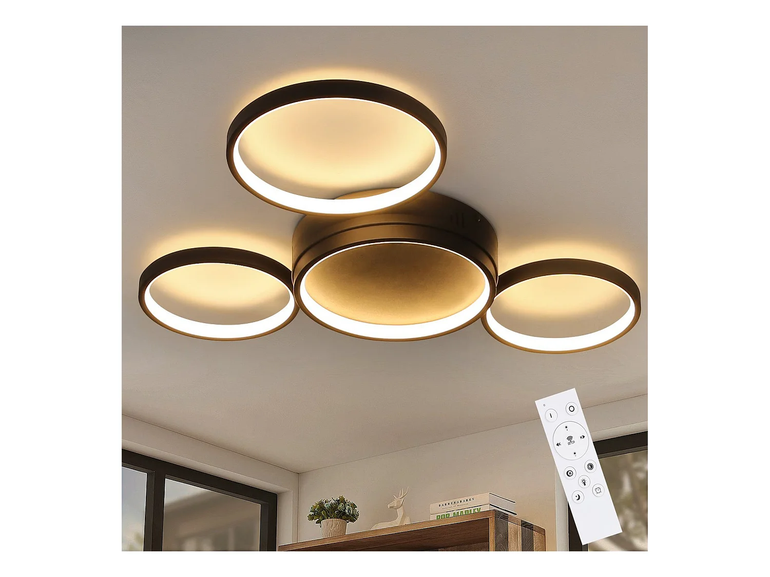 NETTLIFE Plafondlamp LED Zwart Ringe Design 4-Lichts Metaal Dimbaar met Afstandsbediening 52W Moderne Plafondverlichting voor Woonkamer | Slaapkamer | Eetkamer