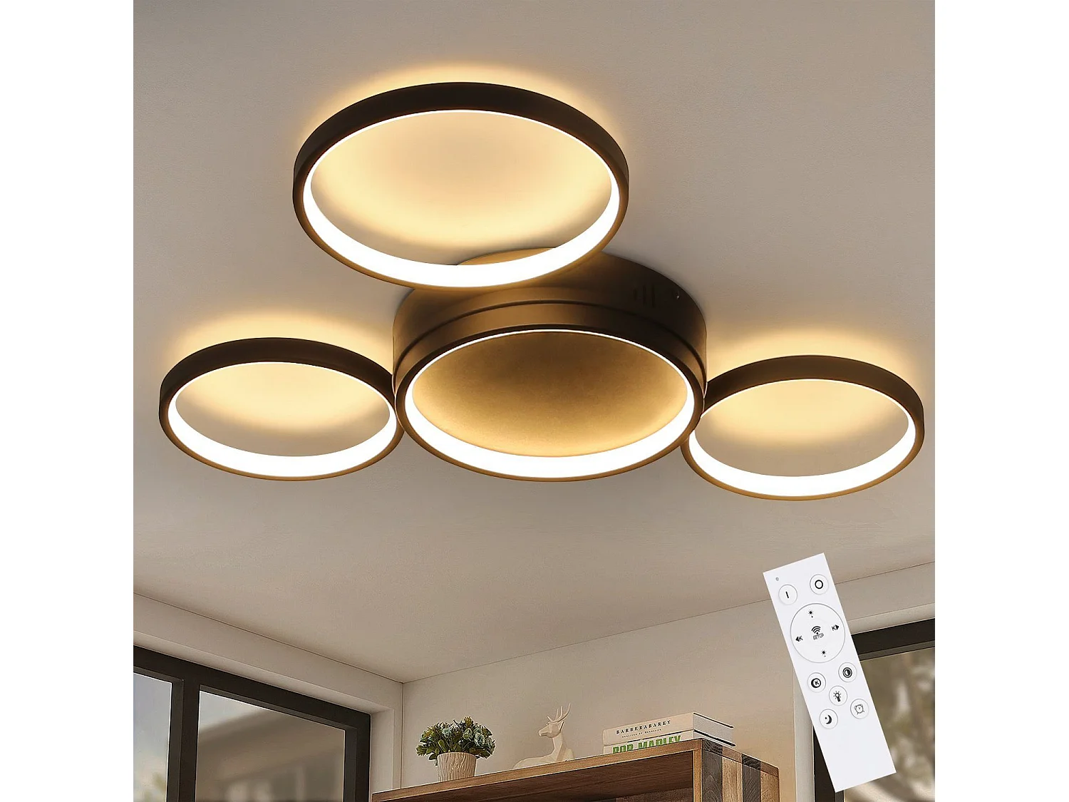 NETTLIFE Plafonnier LED noir dimmable avec télécommande design moderne 4 anneaux 52W intérieur en aluminium pour salon salle à manger chambre d'enfant