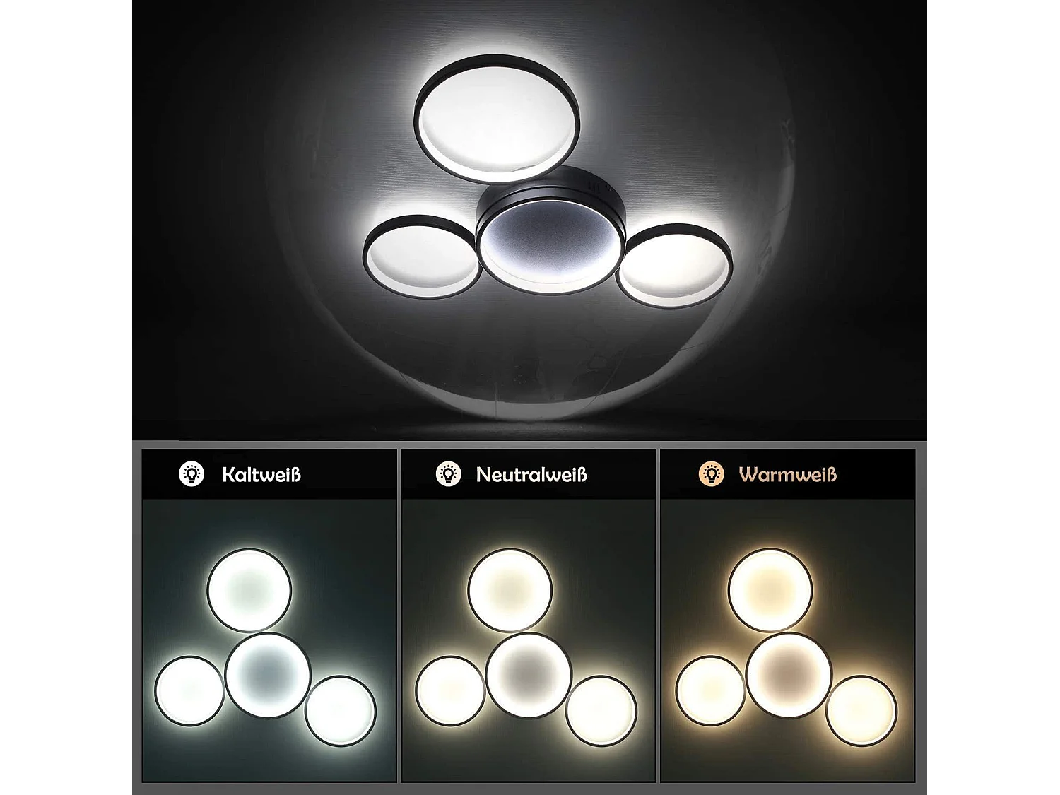 NETTLIFE Plafonnier LED noir dimmable avec télécommande design moderne 4 anneaux 52W intérieur en aluminium pour salon salle à manger chambre d'enfant