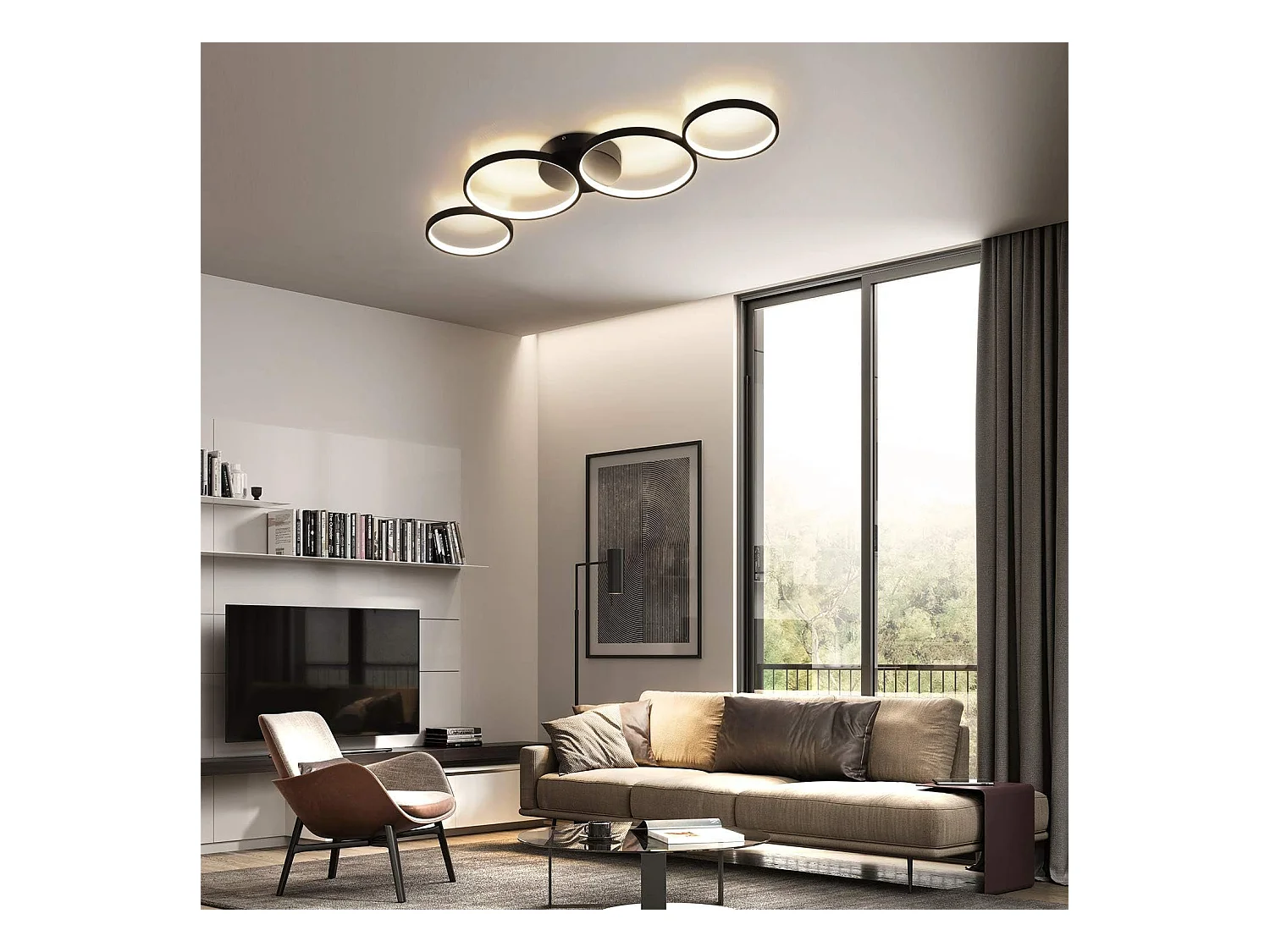 NETTLIFE Plafondlamp LED 88cm Zwart 3000-6000K Dimbaar 55W Plafondverlichting modern Ring  4-Lichts met Afstandsbediening voor Slaapkamer Woonkamer Kantoor Keuken
