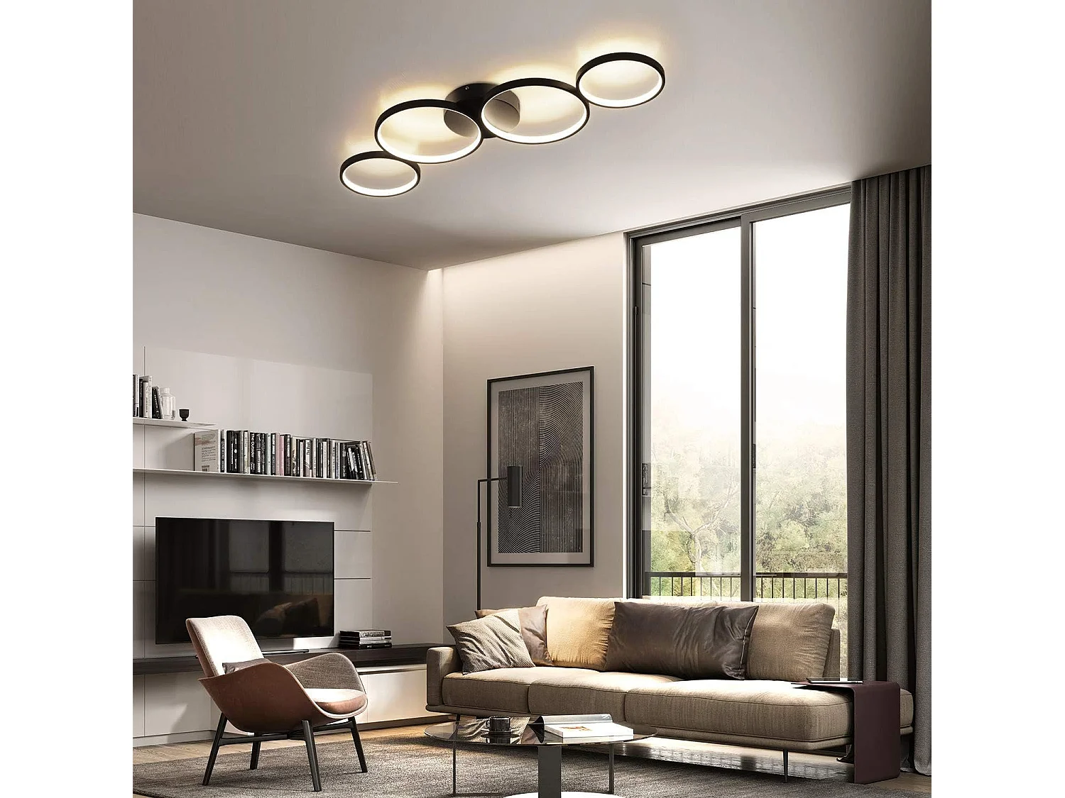 NETTLIFE Plafonnier LED moderne à intensité variable, noir, 88cm, 55 W, avec télécommande, Dimmable 4 Lampes 55W, Design Moderne