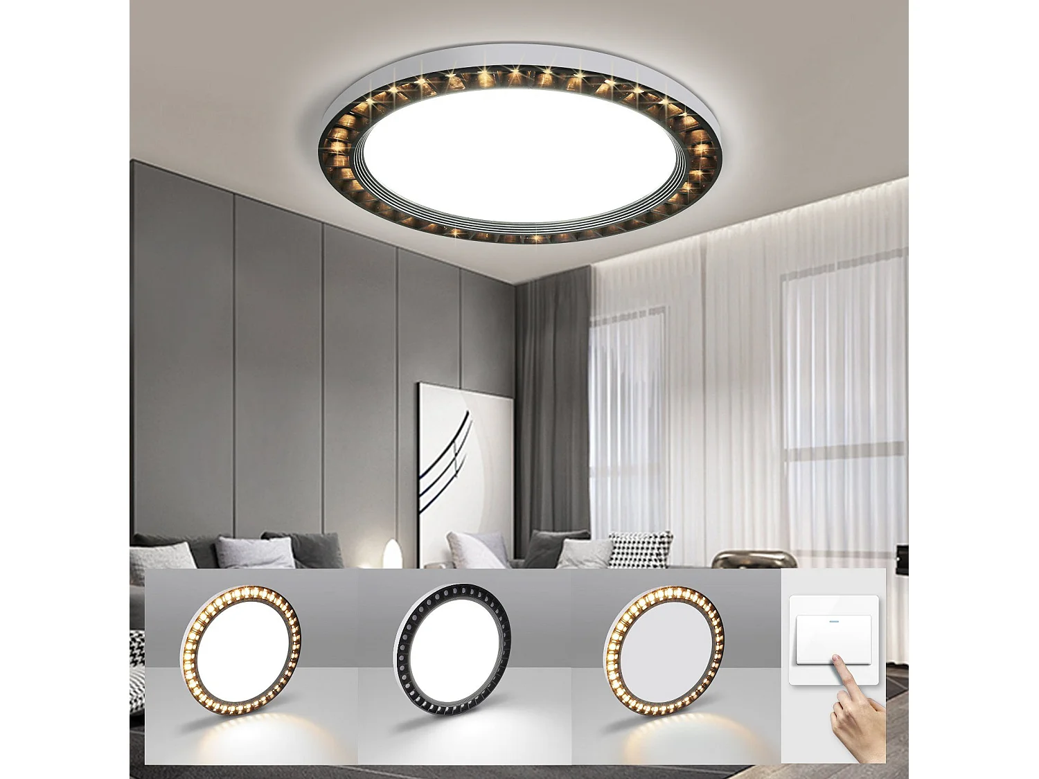 NETTLIFE Lámpara de techo LED redonda negra 28W 28CM Panel plano moderno 3000K/6500K Blanco cálido y frío IP44 Lámpara de baño impermeable para cocina