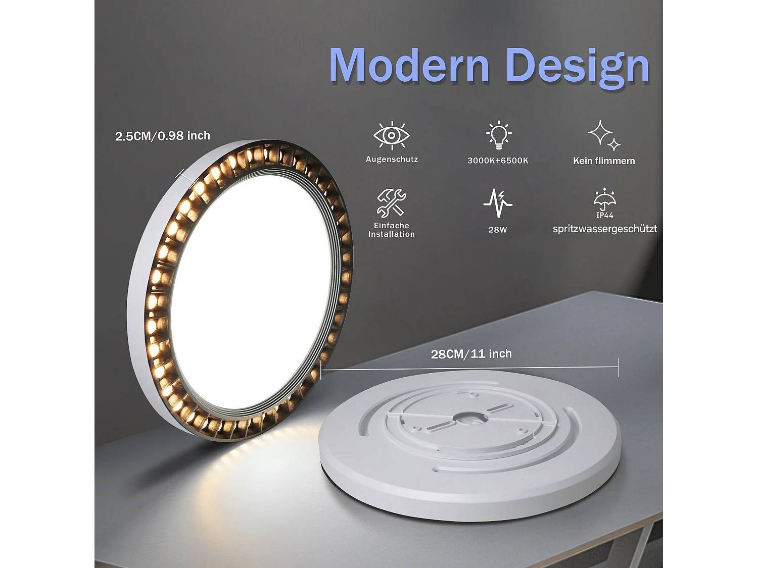 NETTLIFE Lámpara de techo LED redonda negra 28W 28CM Panel plano moderno 3000K/6500K Blanco cálido y frío IP44 Lámpara de baño impermeable para cocina