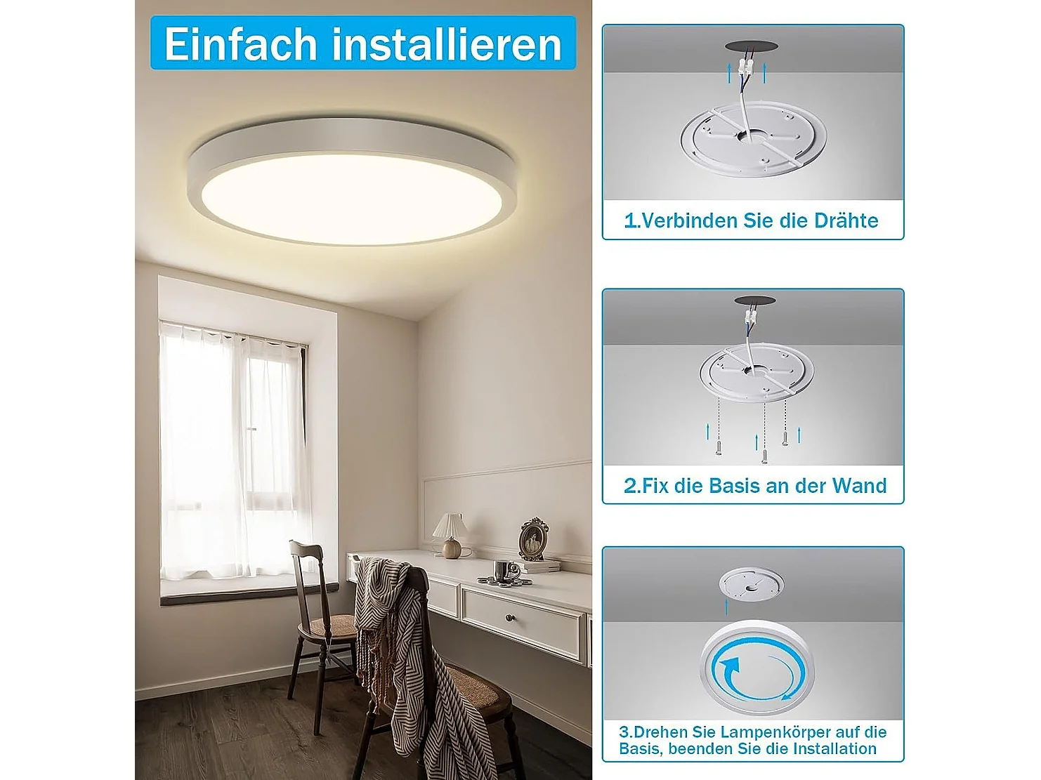 NETTLIFE Plafonnier LED Plat 3000K Blanc Chaud 24W Rond 23CM IP44 Moderne pour Couloir Balcon Salle de Bain Cuisine Salon