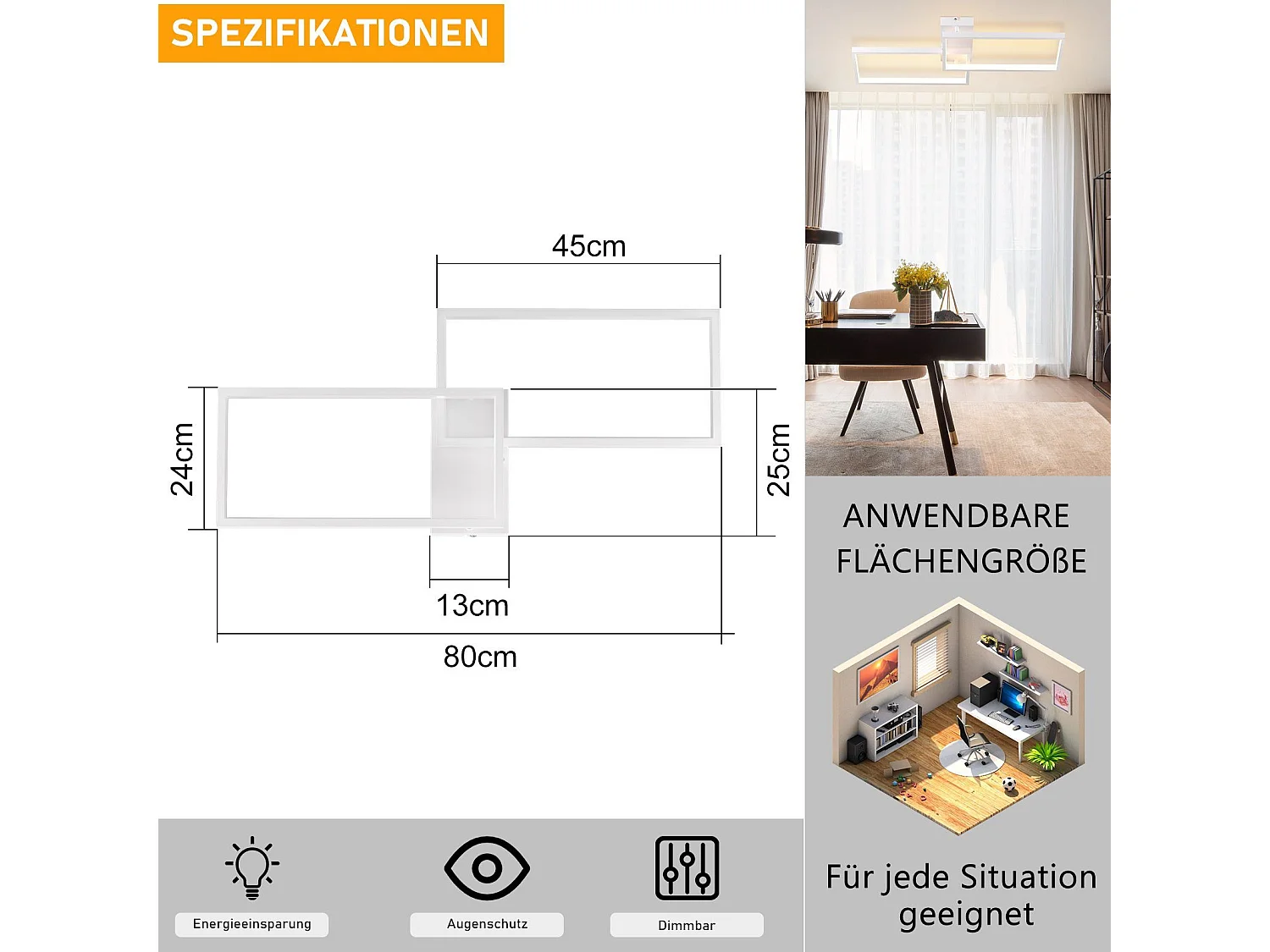 NETTLIFE Plafondlamp LED 80cm Dimbaar 2-Lichts Wit met Afstandsbediening rechthoekig Moderne Plafondverlichting Metaal voor Slaapkamer | Keuken | Eetkamer 48W