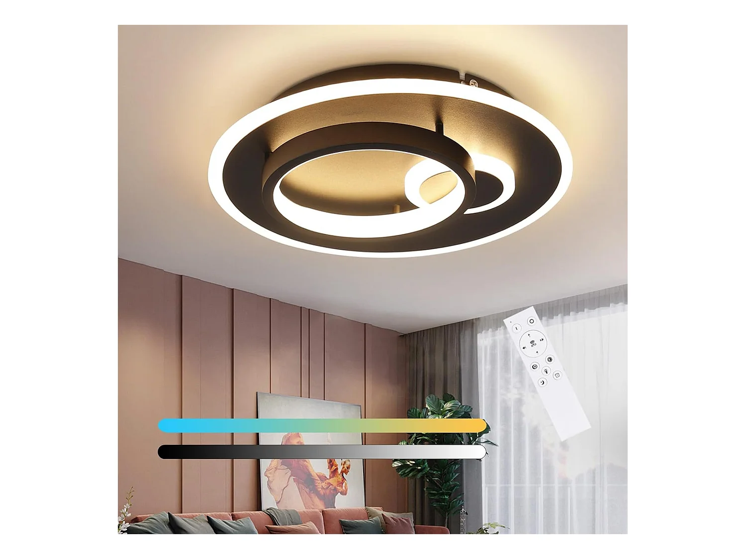 NETTLIFE Plafonnier LED Salon Noir Lampe de Cuisine 33 W Dimmable avec Télécommande Lampe Design Moderne Lampe Ronde pour Chambre Couloir