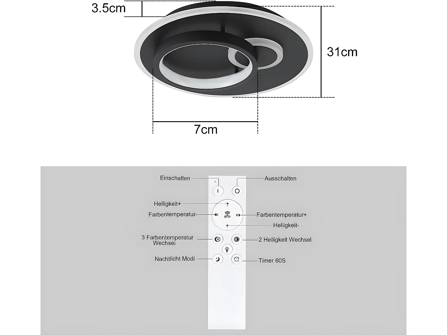NETTLIFE Plafonnier LED Salon Noir Lampe de Cuisine 33 W Dimmable avec Télécommande Lampe Design Moderne Lampe Ronde pour Chambre Couloir