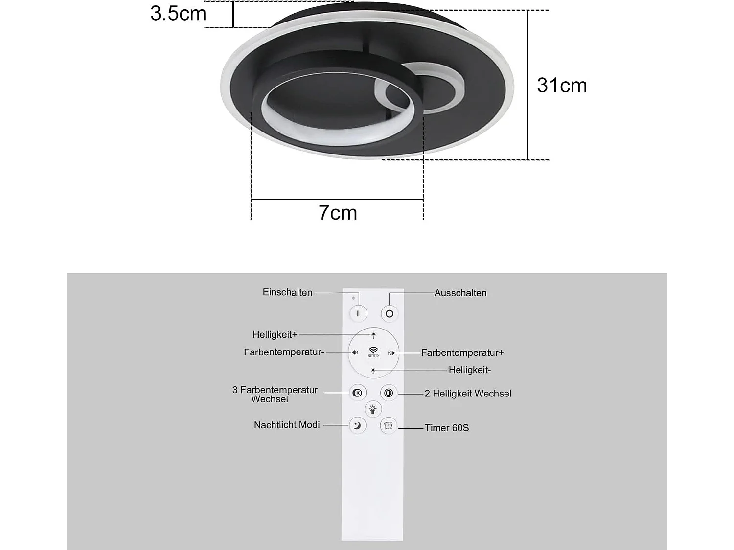 NETTLIFE LED Plafondlamp Zwart rond Dimbaar 3000-6000K 33W moderne woonkamerlamp slaapkamerlamp met afstandsbediening voor hal | keuken | eetkamer | kantoor