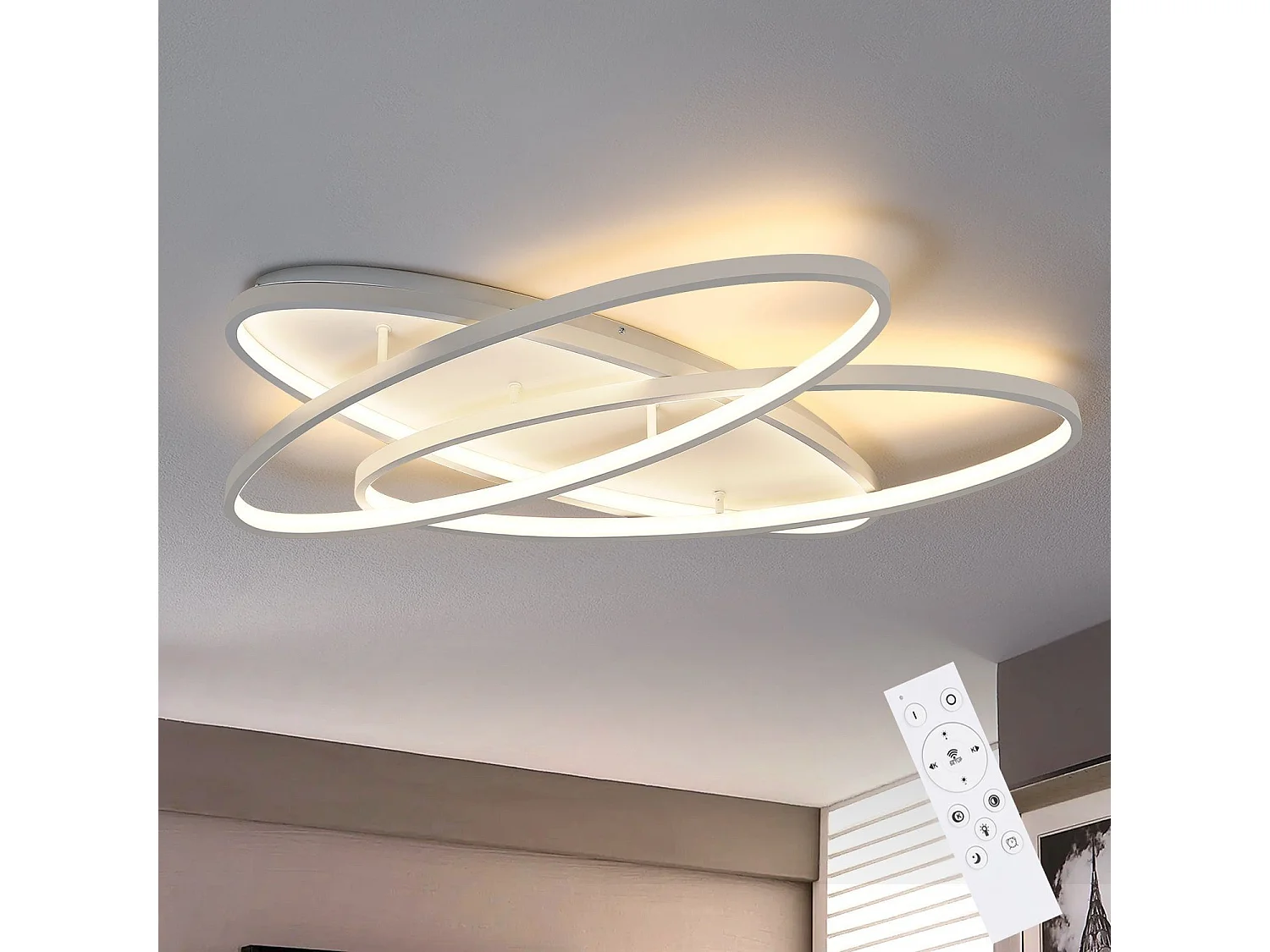 NETTLIFE Lámpara de Techo LED  - Lámpara de  76 W 2 Anillos Regulable con Control Remoto Lámpara de Diseño Moderno Lámpara de para Dormitorio Blanco