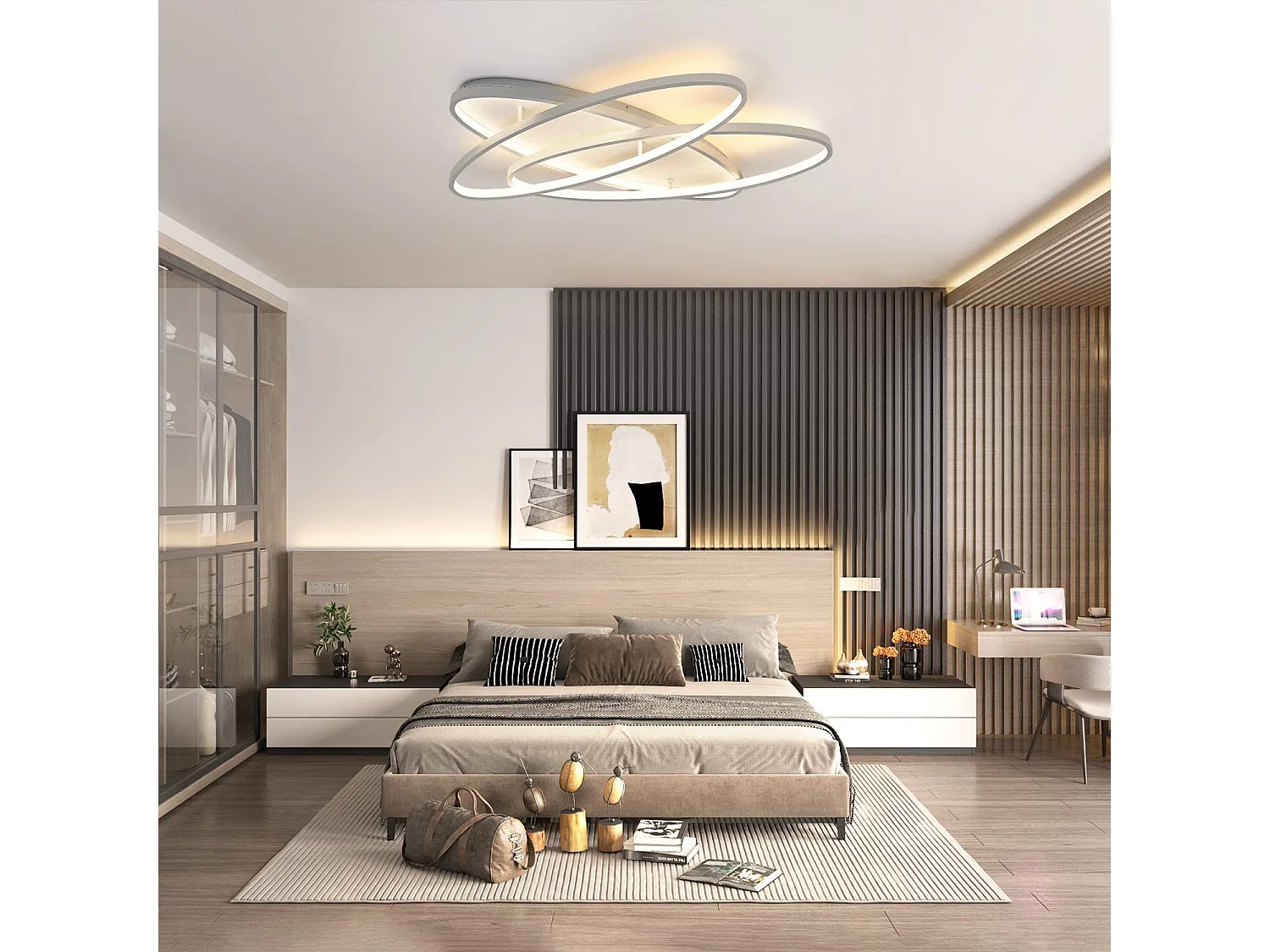 NETTLIFE Lámpara de Techo LED  - Lámpara de  76 W 2 Anillos Regulable con Control Remoto Lámpara de Diseño Moderno Lámpara de para Dormitorio Blanco