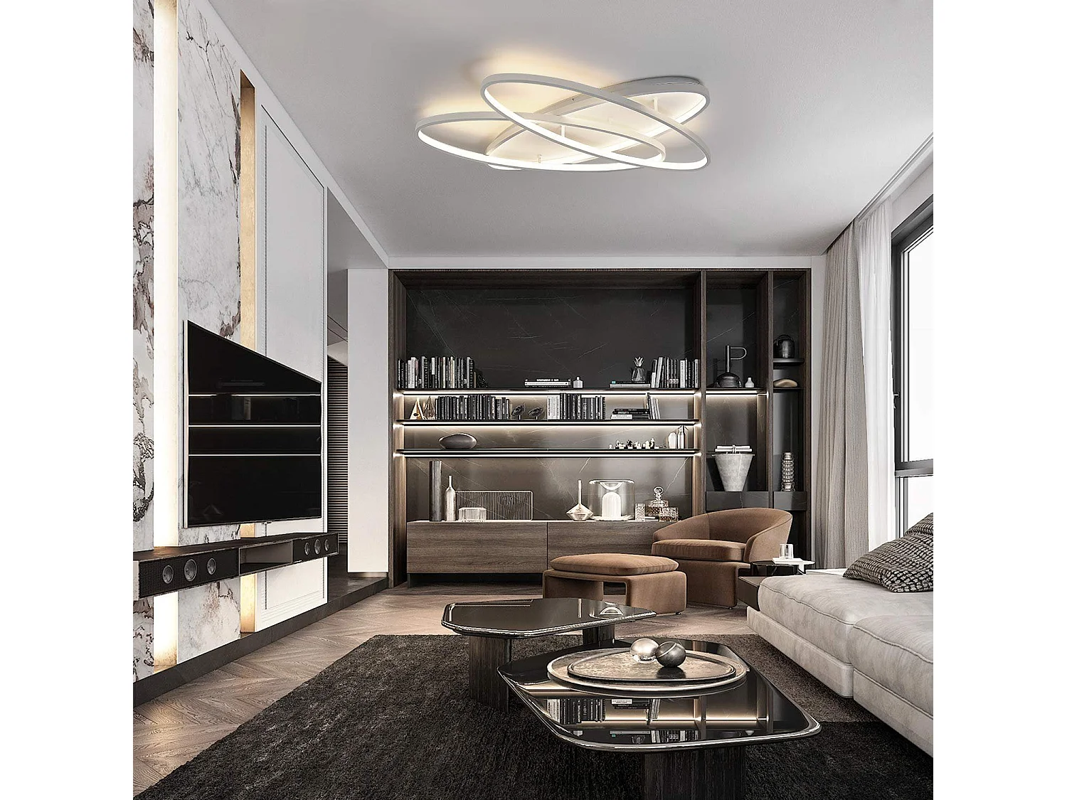 NETTLIFE Lámpara de Techo LED  - Lámpara de  76 W 2 Anillos Regulable con Control Remoto Lámpara de Diseño Moderno Lámpara de para Dormitorio Blanco