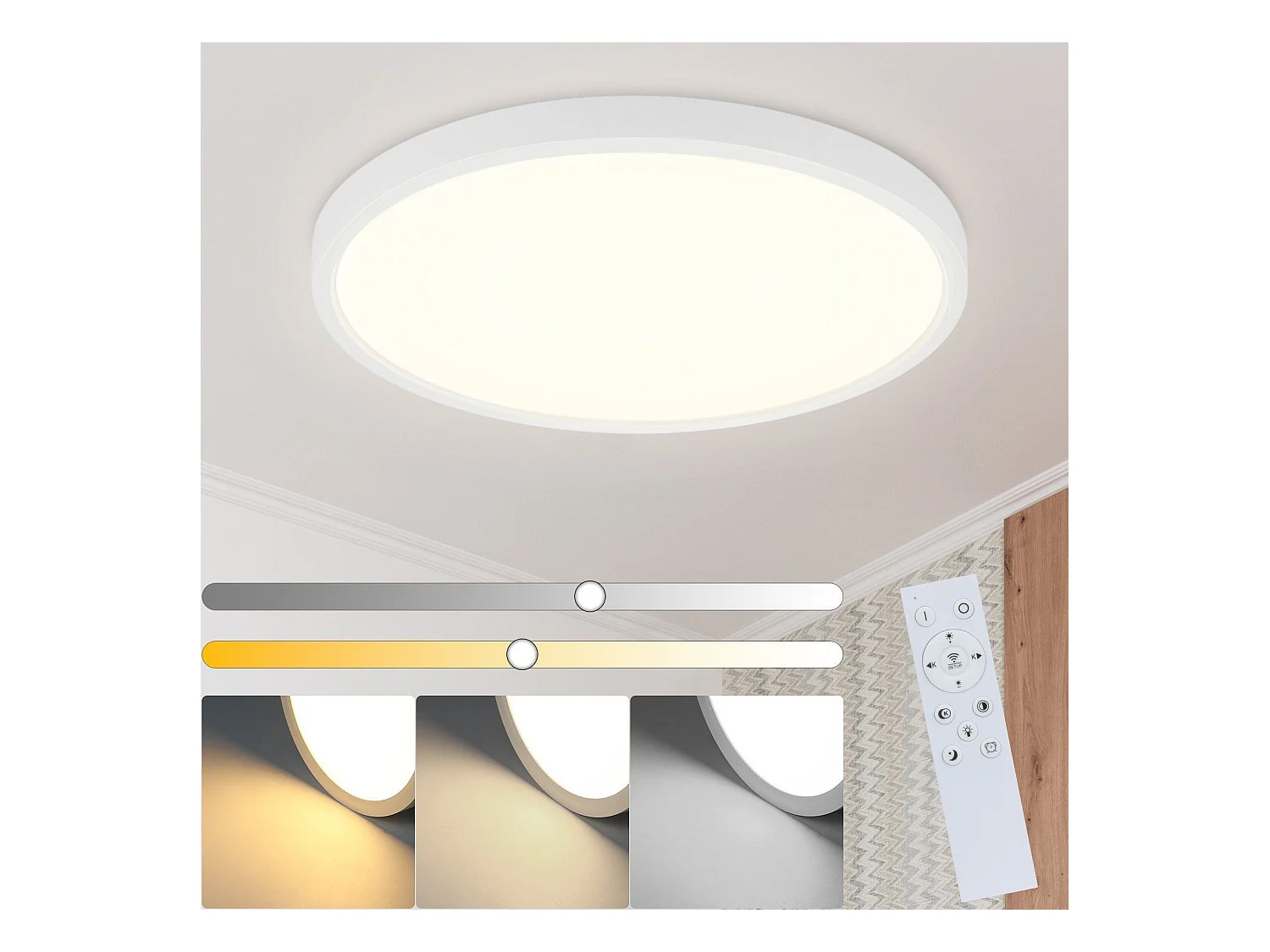 NETTLIFE Plafonnier LED Dimmable - 30x30 cm Lampe ronde plate IP44 Plafonnier étanche 20 W avec télécommande pour Salon Chambre Salle de bain
