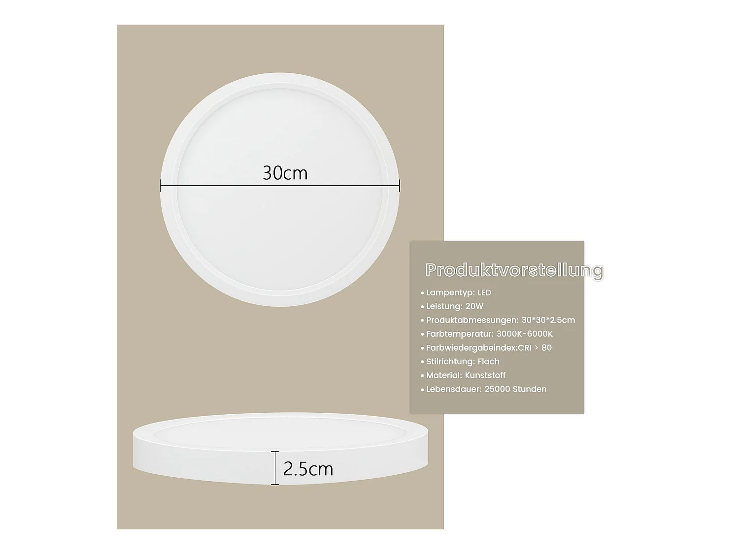 NETTLIFE Plafonnier LED Dimmable - 30x30 cm Lampe ronde plate IP44 Plafonnier étanche 20 W avec télécommande pour Salon Chambre Salle de bain