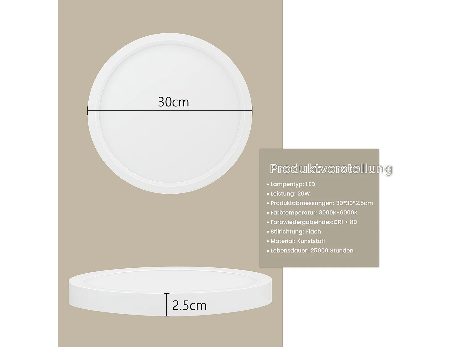 NETTLIFE Lámpara techo LED ajustable, Redonda plana 30x30 cm, IP44, Impermeable 20W, Control remoto, Sala, Dormitorio, Baño