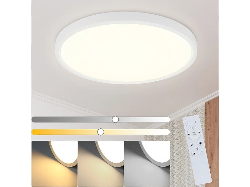 NETTLIFE Ściemnialna lampa sufitowa LED - 30x30 cm Płaska okrągła lampa IP44 Wodoodporna lampa sufitowa 20W z pilotem do salonu Sypialnia Łazienka