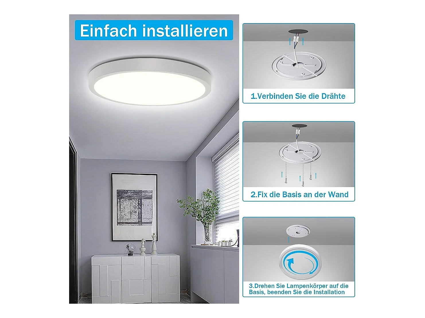 NETTLIFE LED Plafondlamp plat rond Wit 24W moderne hal lamp 4000K neutraal wit IP44 Badkamerlampe 23cm voor keuken | kantoor | woonkamer | kinderkamer | slaapkamer