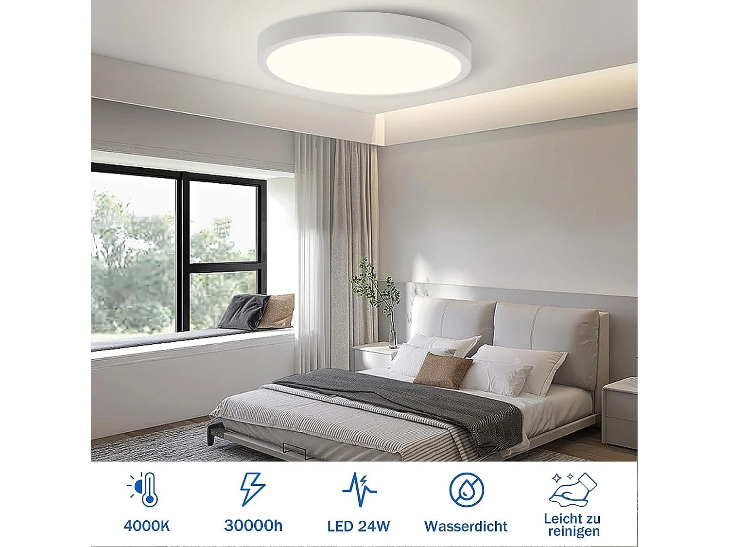 Nettlife lámpara LED 24W 4000K, fina, blanco neutro, IP44, impermeable para baño, cocina, oficina