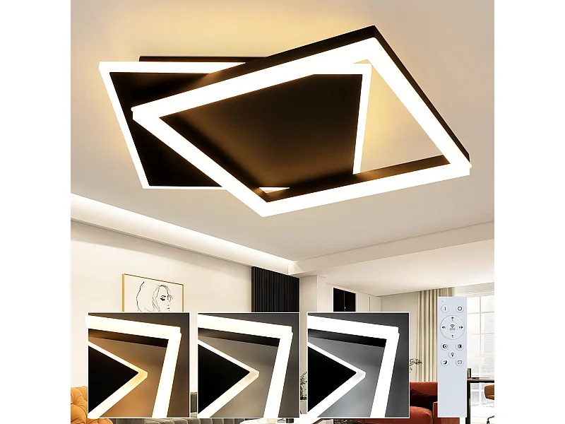 NETTLIFE LED Deckenleuchte Schlafzimmer Schwarz Dimmbar 42W Modern mit Fernbedienung Eckig Acryl für Wohnzimmer Küche Esszimmer