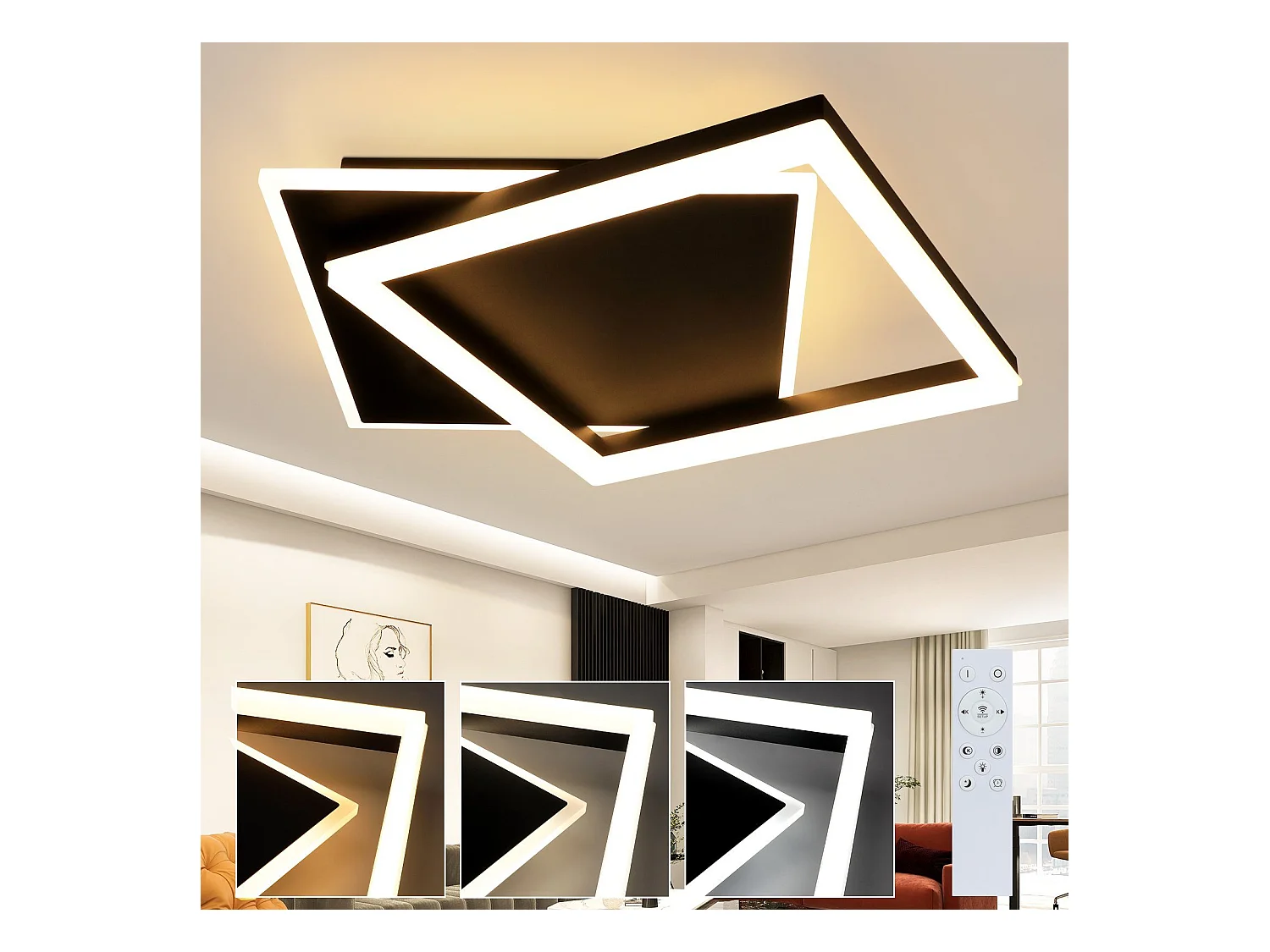 NETTLIFE Plafonnier LED Chambre Noir dimmable 42W moderne avec télécommande carré en acrylique pour salon cuisine salle à manger