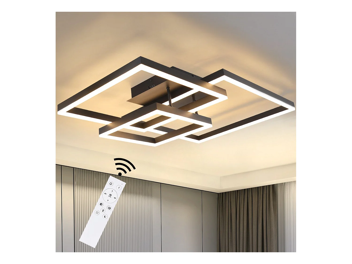 NETTLIFE Plafonnier LED Lampe de Salon Noir Dimmable avec Télécommande 84 W Lampe de Chambre Moderne pour Cuisine Couloir Bureau Salle à Manger