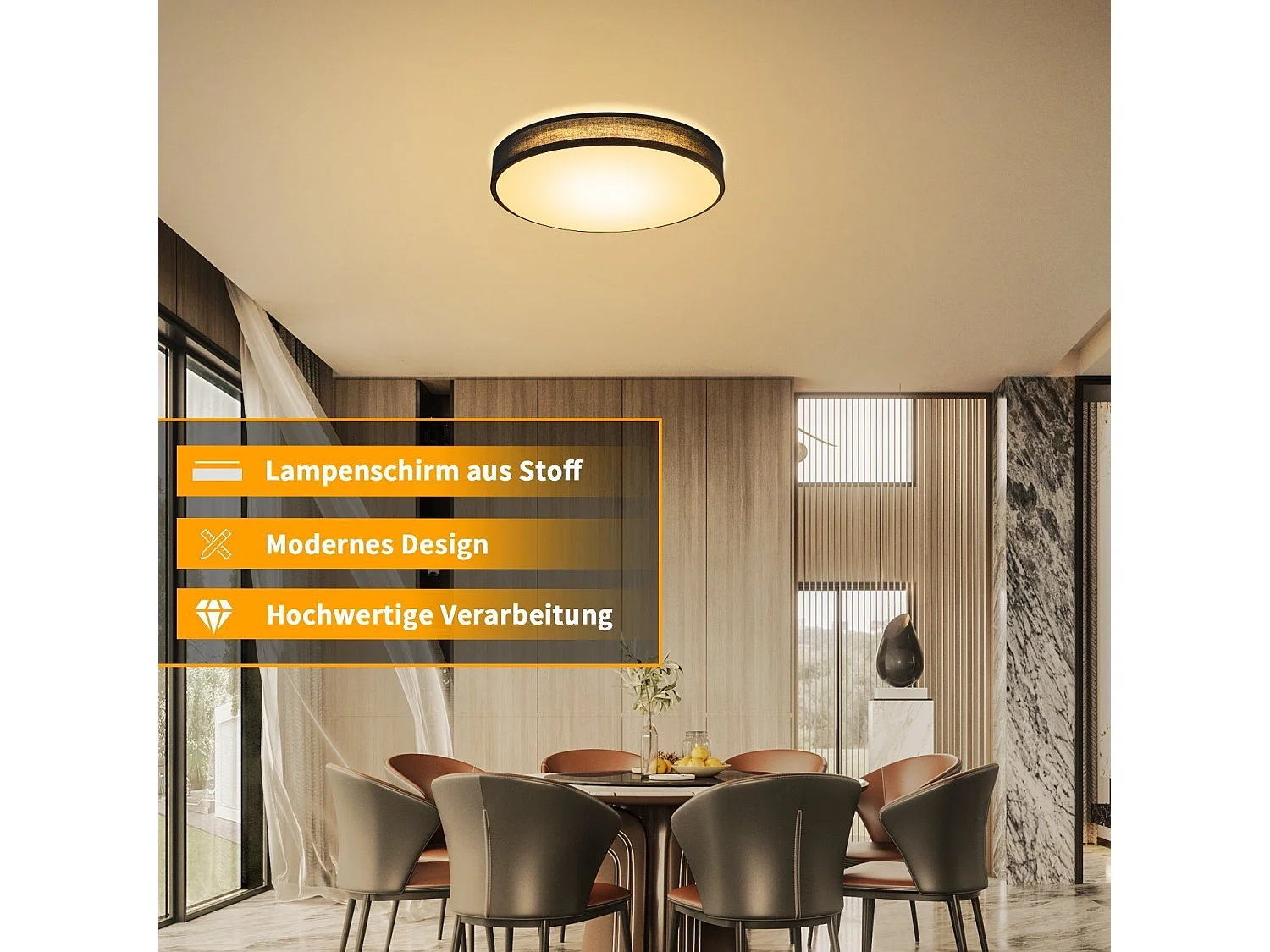 NETTLIFE LED Deckenleuchte 3000K, 12W, 30CM Moderne Schwarze Runde Wohnzimmerlampe Warmweiß mit Stoffschirm Schlafzimmer Deckenleuchte