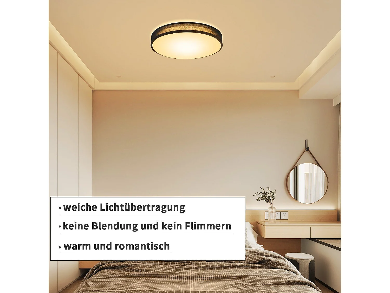 NETTLIFE Plafondlamp LED - 30CM - zwart - Moderne - met Stoffen Lampenkap - rond - 3000K Warm wit Licht - voor Woonkamer | Slaapkamer | Keuken | Gang - 12W