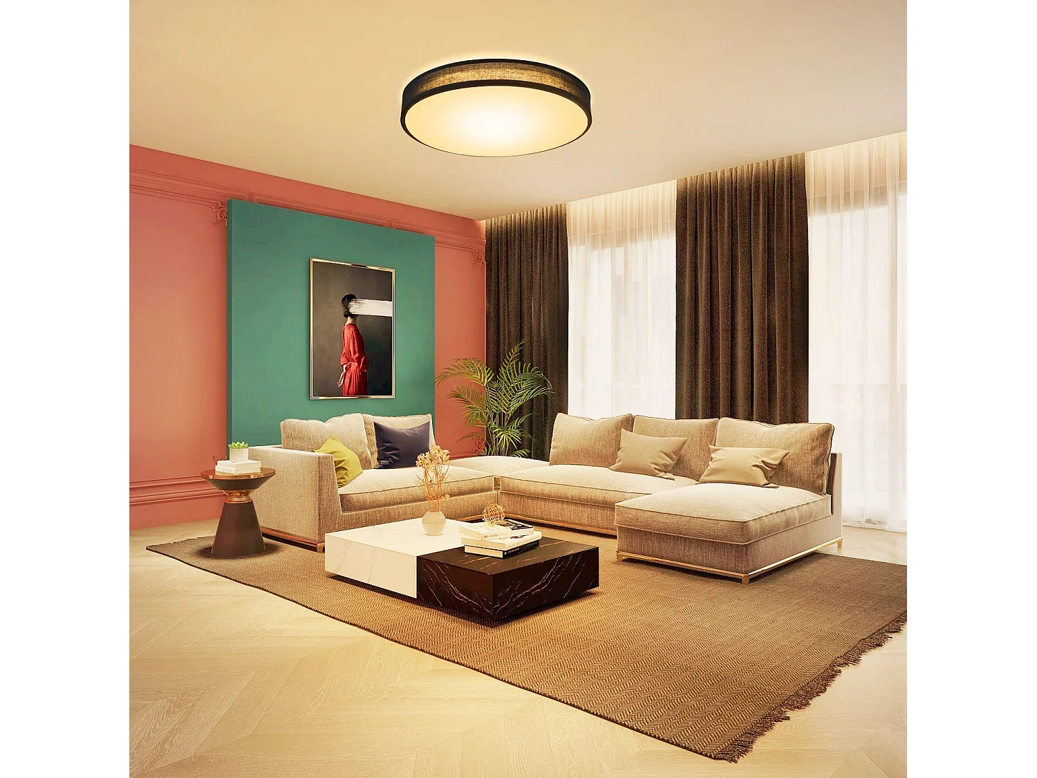 NETTLIFE Plafondlamp LED - 30CM - zwart - Moderne - met Stoffen Lampenkap - rond - 3000K Warm wit Licht - voor Woonkamer | Slaapkamer | Keuken | Gang - 12W