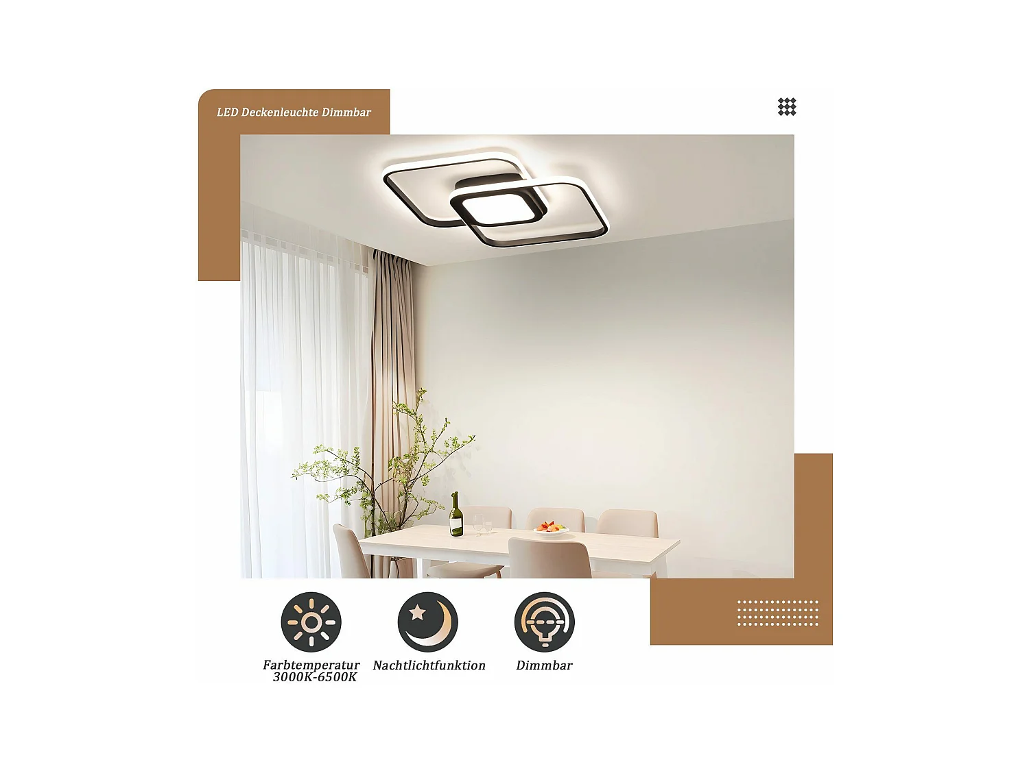 NETTLIFE Plafondlamp LED - vierkant - zwart - 2-Lichts - 3000 -6000K Dimbaar - Metaal - 48W - Moderne Slaapkamerverlichting - voor Woonkamer | Keuken | Hotel - 50cm