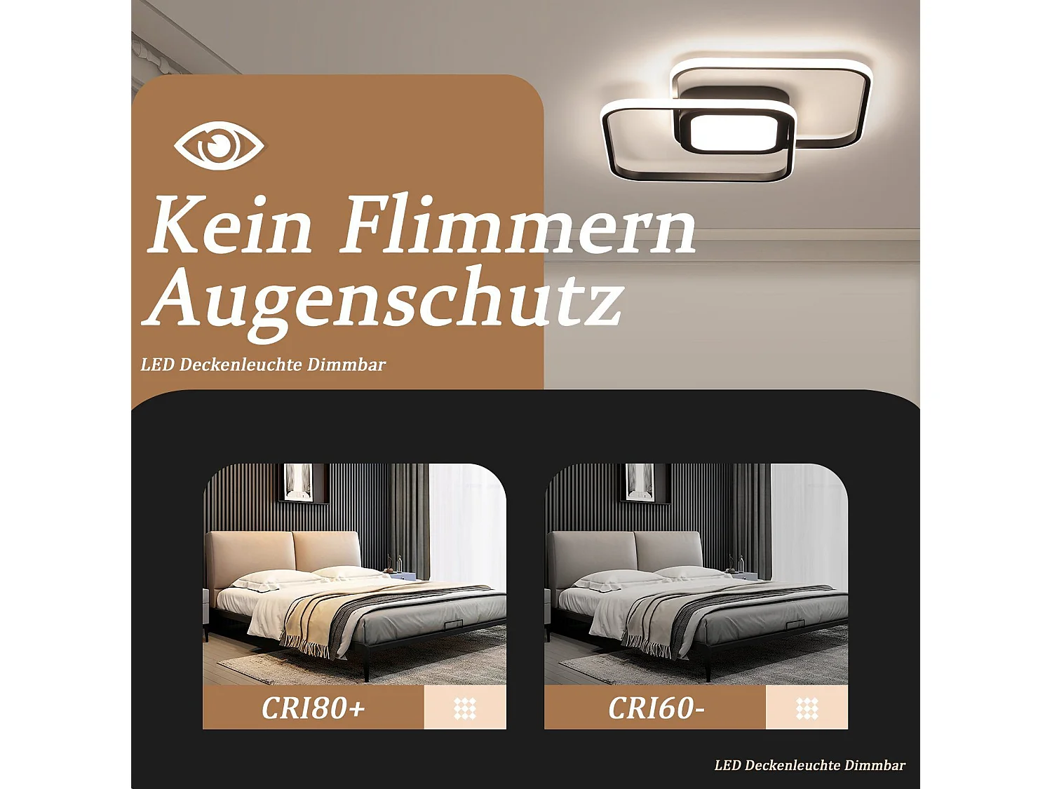 NETTLIFE Plafondlamp LED - vierkant - zwart - 2-Lichts - 3000 -6000K Dimbaar - Metaal - 48W - Moderne Slaapkamerverlichting - voor Woonkamer | Keuken | Hotel - 50cm