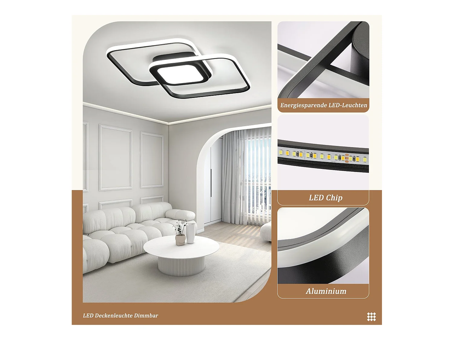 NETTLIFE Plafondlamp LED - vierkant - zwart - 2-Lichts - 3000 -6000K Dimbaar - Metaal - 48W - Moderne Slaapkamerverlichting - voor Woonkamer | Keuken | Hotel - 50cm