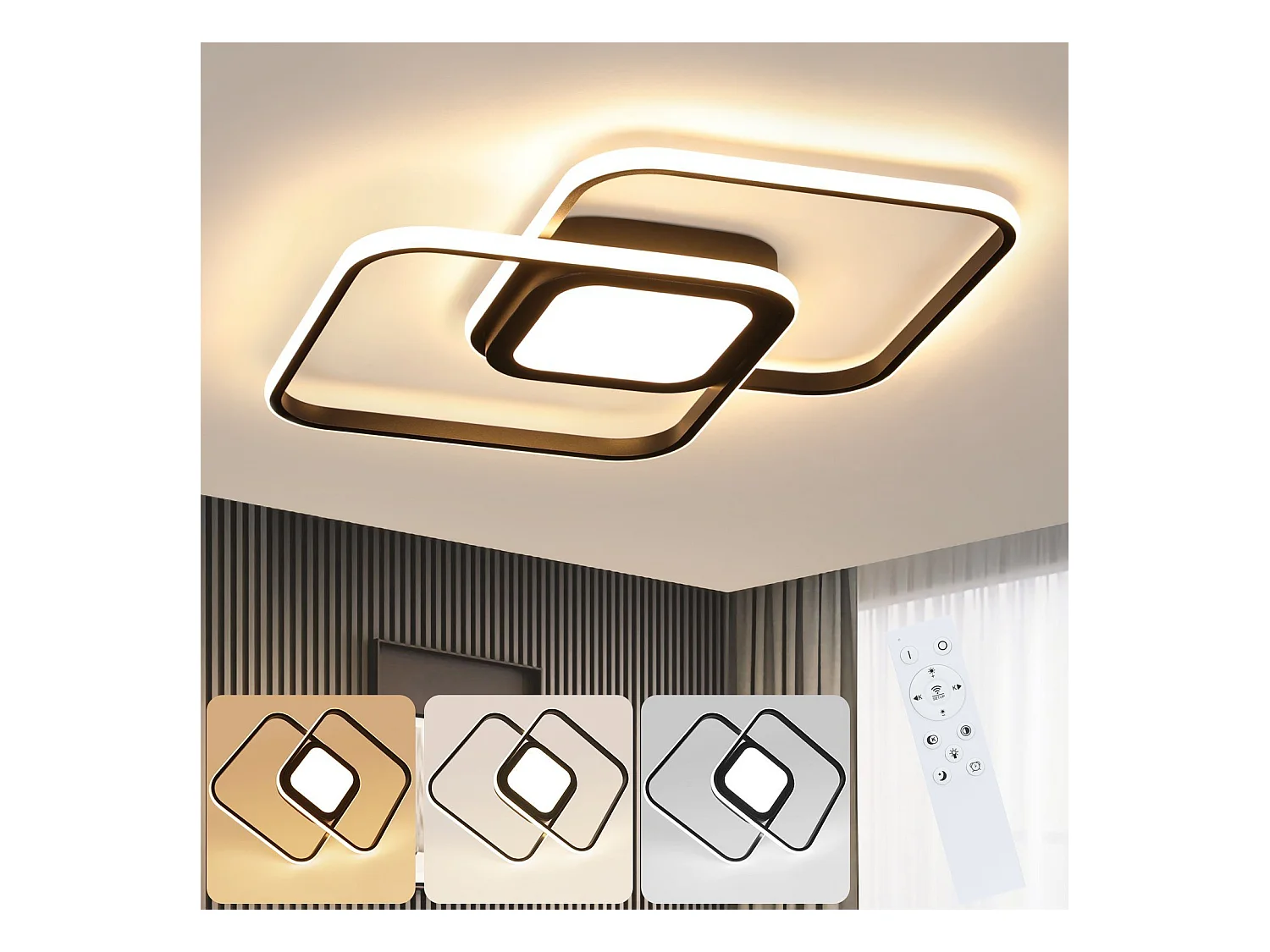 NETTLIFE Plafonnier LED Métal Noir 48W Salon de Chambre Moderne Dimmable avec Design Lampe de pour d'enfant Cuisine Salle à Manger