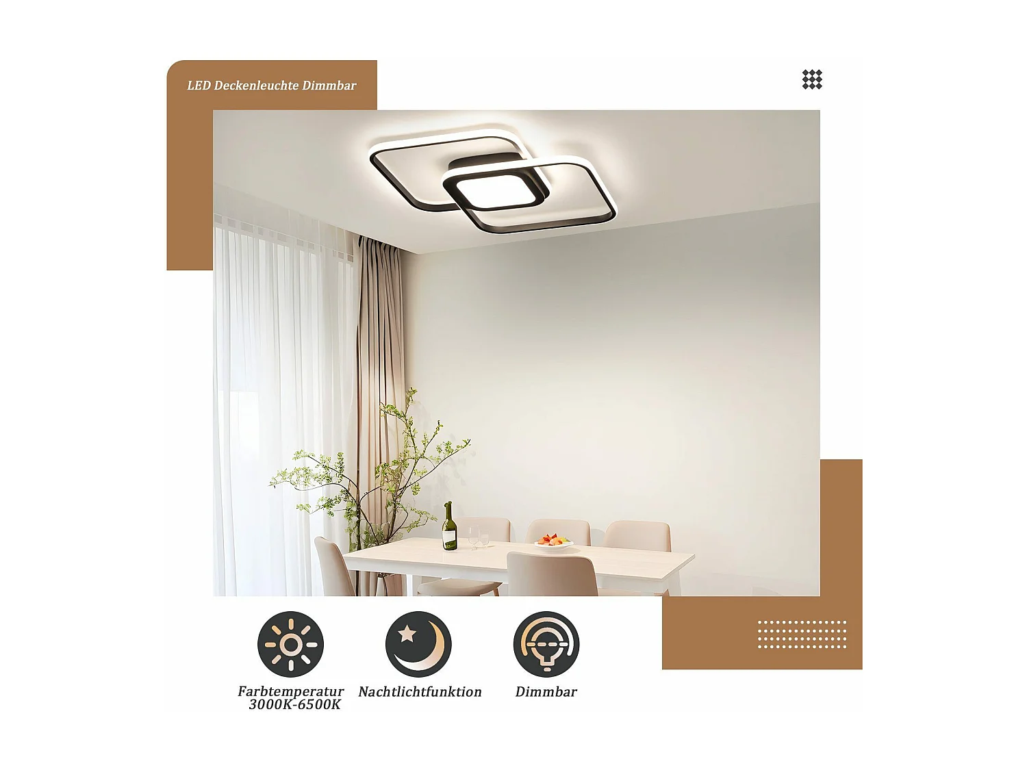 NETTLIFE Plafonnier LED Métal Noir 48W Salon de Chambre Moderne Dimmable avec Design Lampe de pour d'enfant Cuisine Salle à Manger