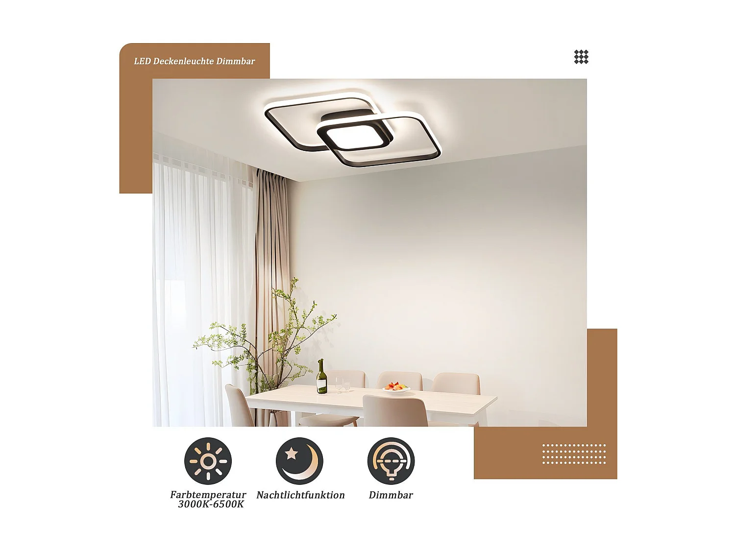 NETTLIFE Plafonnier LED Métal Noir 48W Salon de Chambre Moderne Dimmable avec Design Lampe de pour d'enfant Cuisine Salle à Manger
