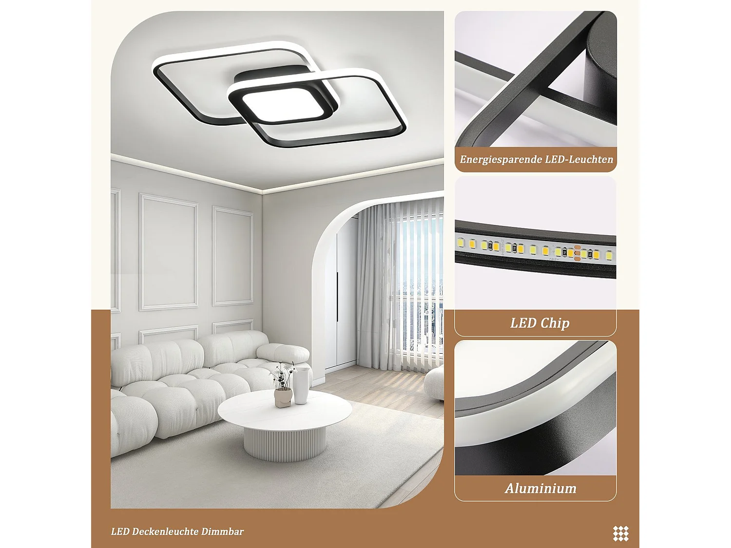 NETTLIFE Plafonnier LED Métal Noir 48W Salon de Chambre Moderne Dimmable avec Design Lampe de pour d'enfant Cuisine Salle à Manger