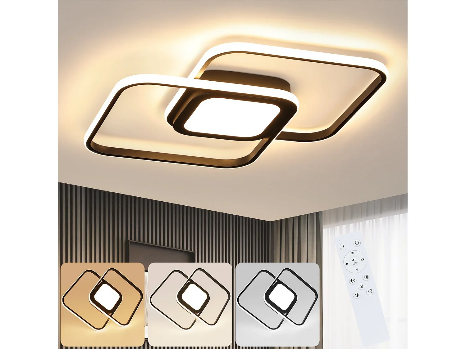 NETTLIFE Plafonnier LED Métal Noir 48W Salon de Chambre Moderne Dimmable avec Design Lampe de pour d'enfant Cuisine Salle à Manger