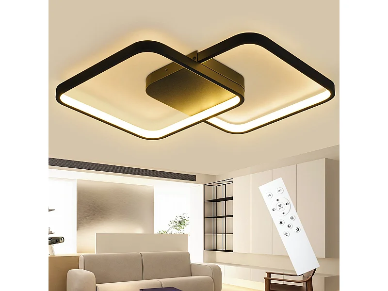 NETTLIFE Plafondlamp LED Zwart vierkant 2Lichts Moderne Plafondverlichting Metaal 3000-6000K Dimbaar 55W Woonkamerlamp voor Slaapkamer | Keuken | Kinderkamer 43cm