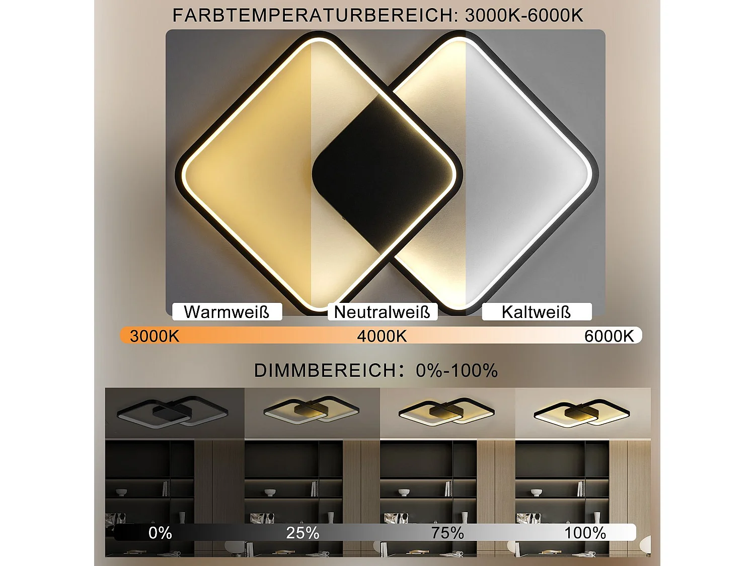 NETTLIFE Plafondlamp LED Zwart vierkant 2Lichts Moderne Plafondverlichting Metaal 3000-6000K Dimbaar 55W Woonkamerlamp voor Slaapkamer | Keuken | Kinderkamer 43cm