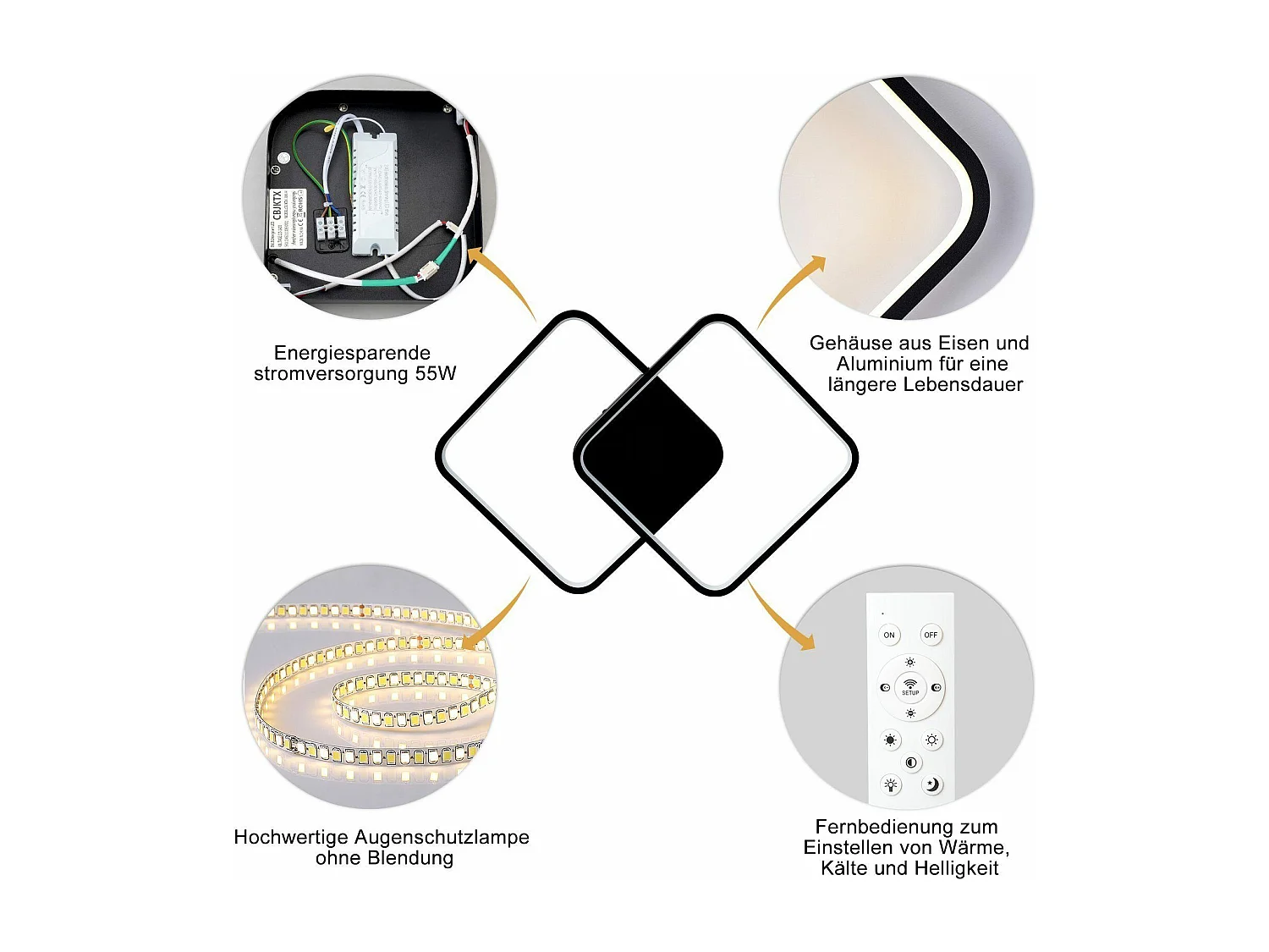 NETTLIFE Plafondlamp LED Zwart vierkant 2Lichts Moderne Plafondverlichting Metaal 3000-6000K Dimbaar 55W Woonkamerlamp voor Slaapkamer | Keuken | Kinderkamer 43cm