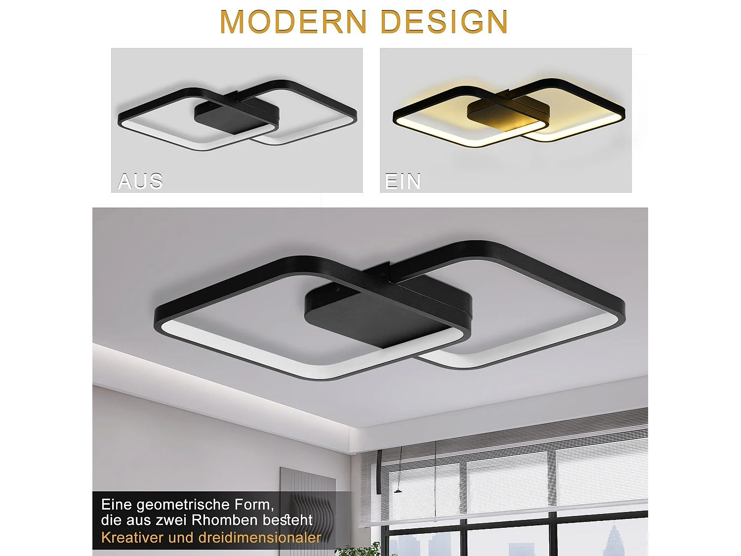 NETTLIFE Plafondlamp LED Zwart vierkant 2Lichts Moderne Plafondverlichting Metaal 3000-6000K Dimbaar 55W Woonkamerlamp voor Slaapkamer | Keuken | Kinderkamer 43cm