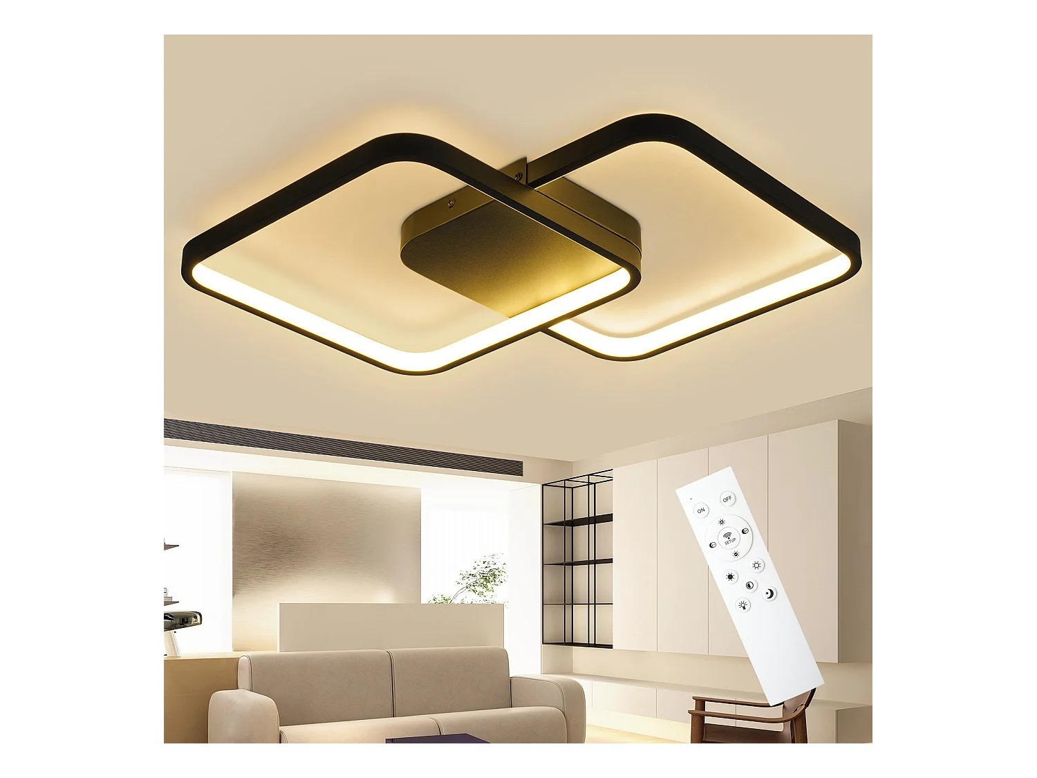 NETTLIFE Plafondlamp LED Zwart vierkant 2Lichts Moderne Plafondverlichting Metaal 3000-6000K Dimbaar 55W Woonkamerlamp voor Slaapkamer | Keuken | Kinderkamer 43cm