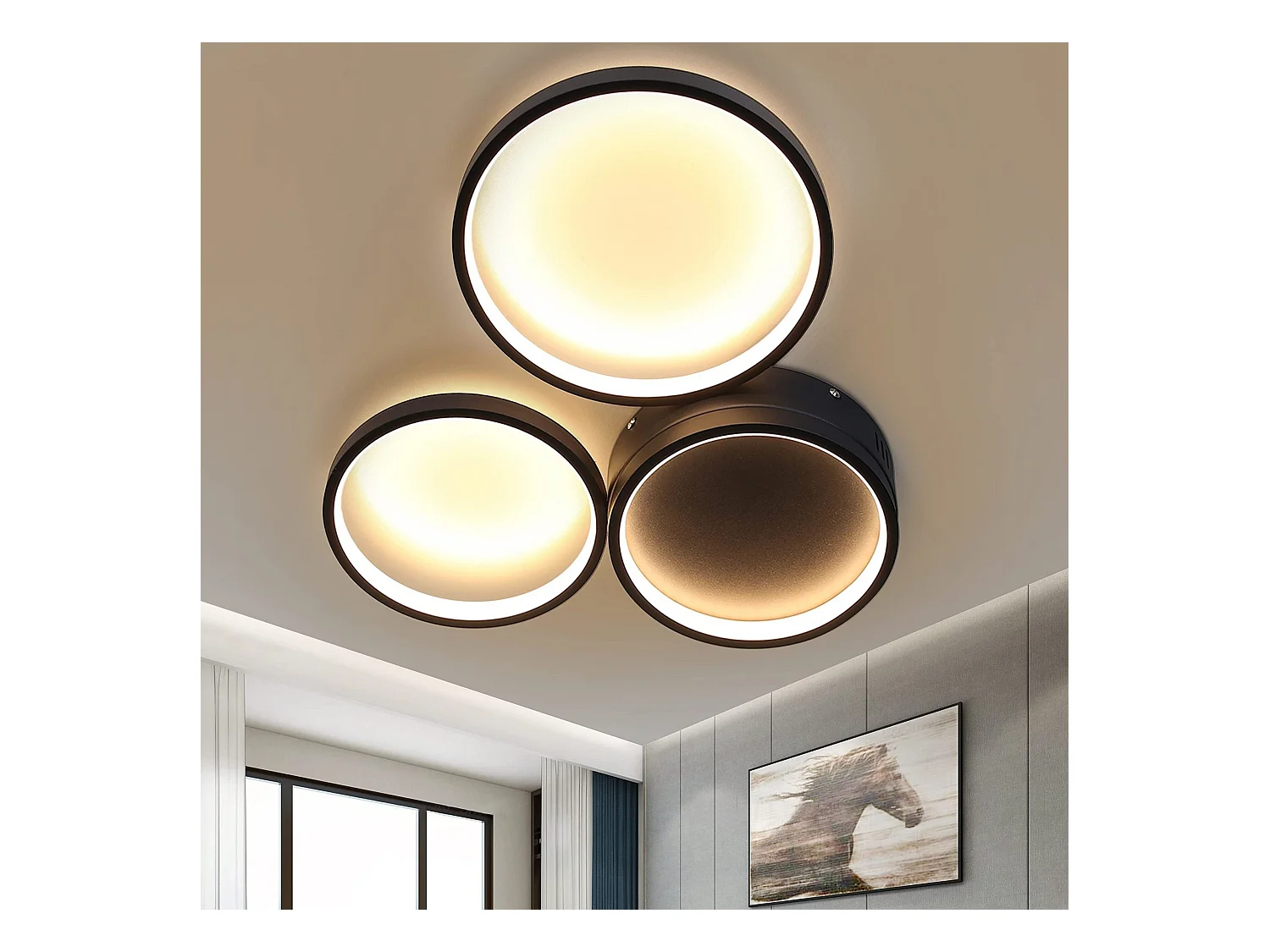 NETTLIFE Plafonnier LED 22W chambre noir blanc chaud avec 3 anneaux design décoration moderne pour salon chambre d'enfant couloir salle à manger
