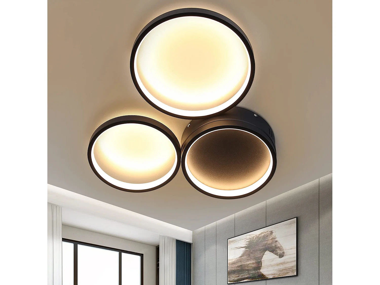 NETTLIFE Lampa sufitowa LED 22W sypialnia czarna ciepła biel z 3 pierścieniami design nowoczesna dekoracja do salonu pokój dziecięcy przedpokój jadalnia