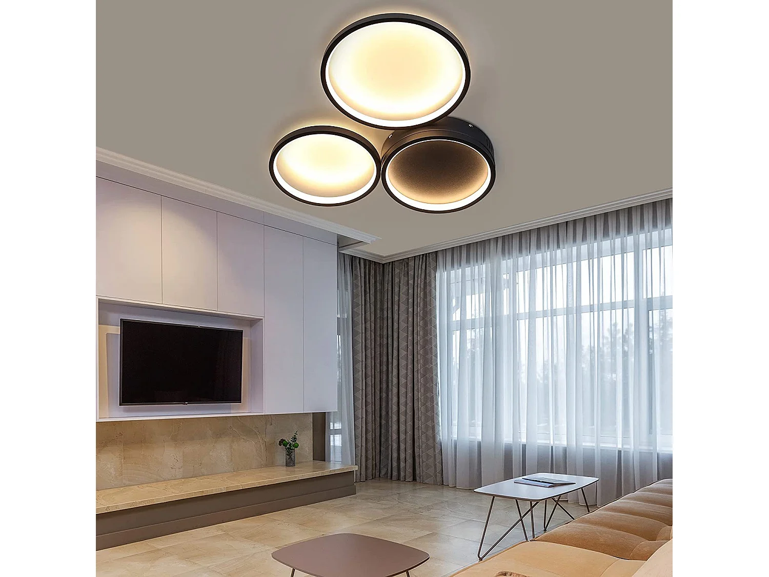 NETTLIFE Plafonnier LED 22W chambre noir blanc chaud avec 3 anneaux design décoration moderne pour salon chambre d'enfant couloir salle à manger