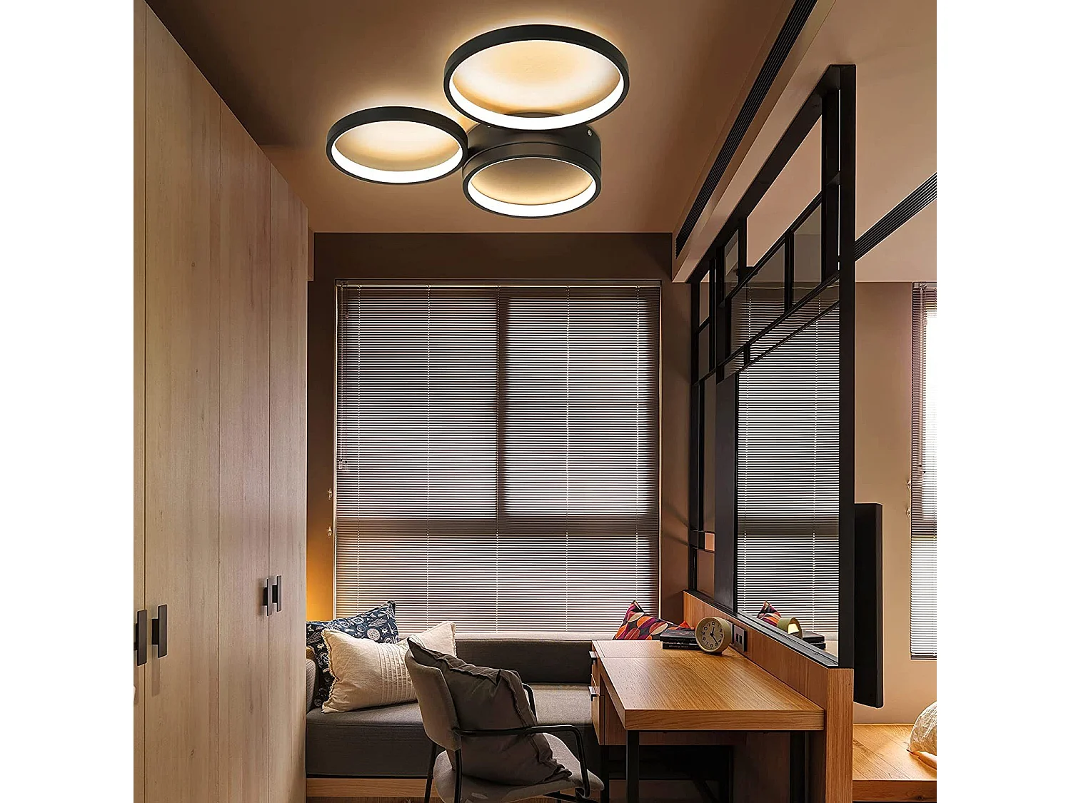 NETTLIFE Plafonnier LED 22W chambre noir blanc chaud avec 3 anneaux design décoration moderne pour salon chambre d'enfant couloir salle à manger
