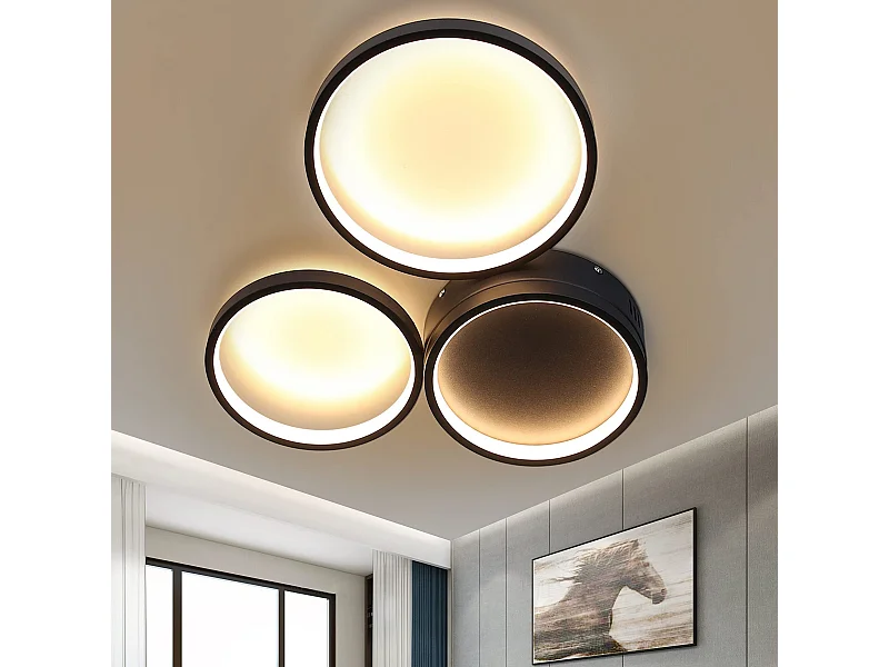 NETTLIFE Plafonnier LED 22W chambre noir blanc chaud avec 3 anneaux design décoration moderne pour salon chambre d'enfant couloir salle à manger