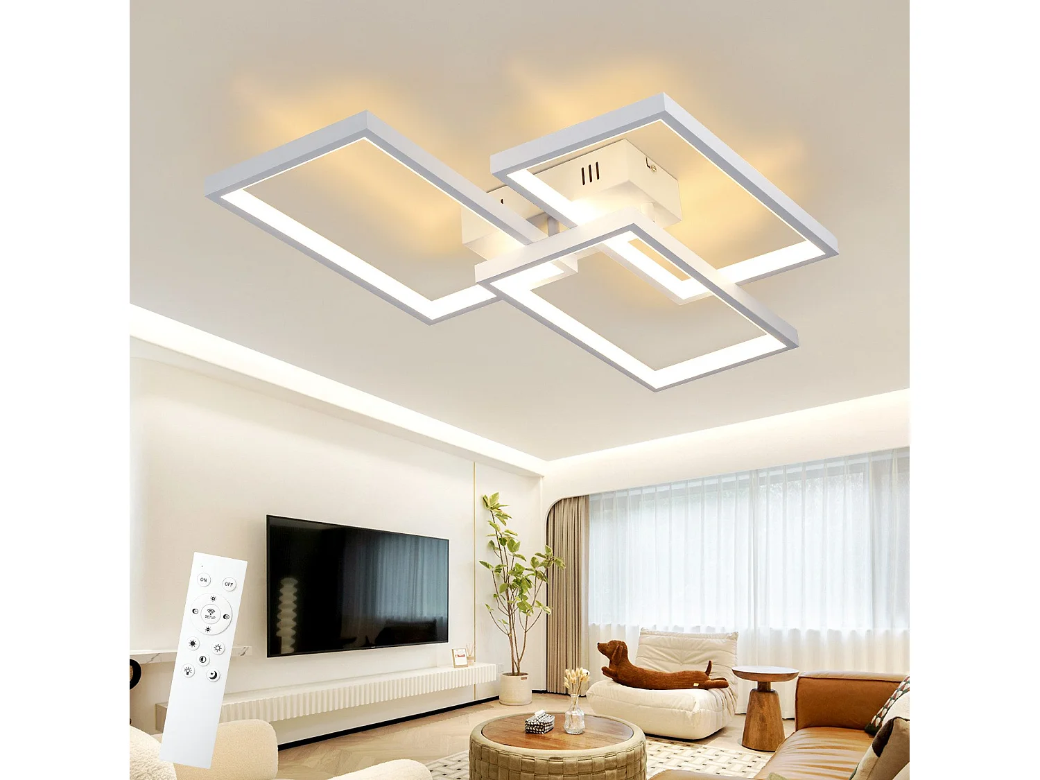 NETTLIFE Plafonnier LED en métal blanc 72W 80cm Lampe de salon moderne à intensité variable avec Design rectangulaire pour à coucher, chambres