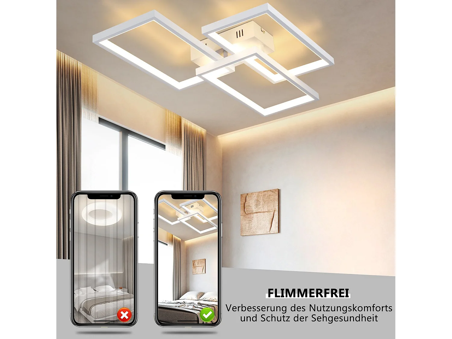 NETTLIFE Plafonnier LED en métal blanc 72W 80cm Lampe de salon moderne à intensité variable avec Design rectangulaire pour à coucher, chambres