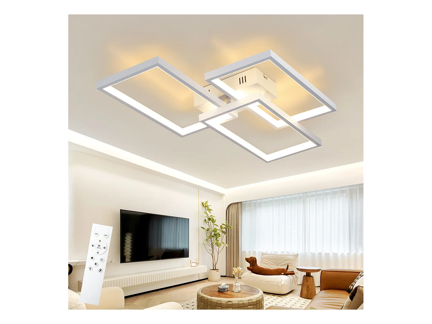 NETTLIFE Plafonnier LED en métal blanc 72W 80cm Lampe de salon moderne à intensité variable avec Design rectangulaire pour à coucher, chambres